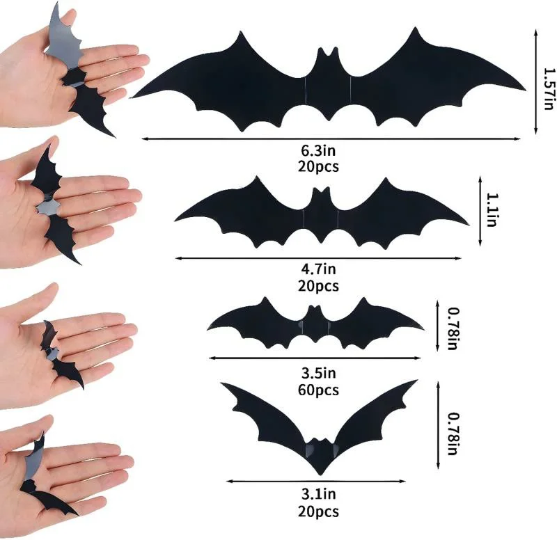 120X5PCS 3D Bat Halloween Decoration Stickers for Home Decor 4 Size Waterproof Black Spooky Bats for Room Décor