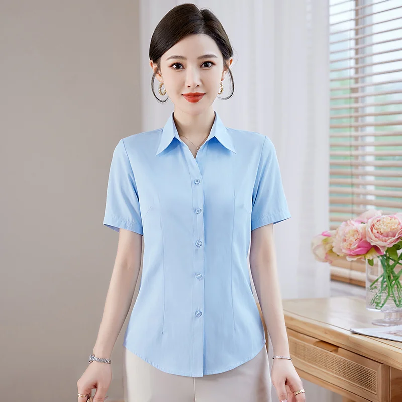 New Women's Summer Fashion Versatile Short sleeved Top Female Trendy Thin Flip Collar Slim Commuting Professional Shirt Lady