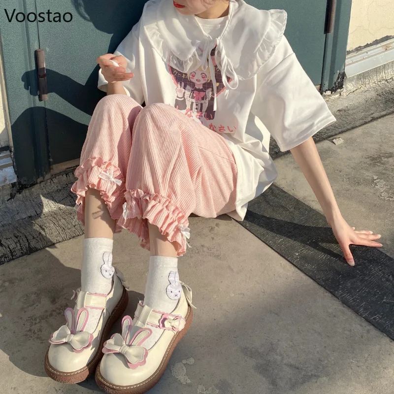 Japanese Lolita Kawaii High Waist Corduroy Pants Women Sweet Lace Bow Ruffles Casual Wide Leg Pants Girly Loose Cute Trousers