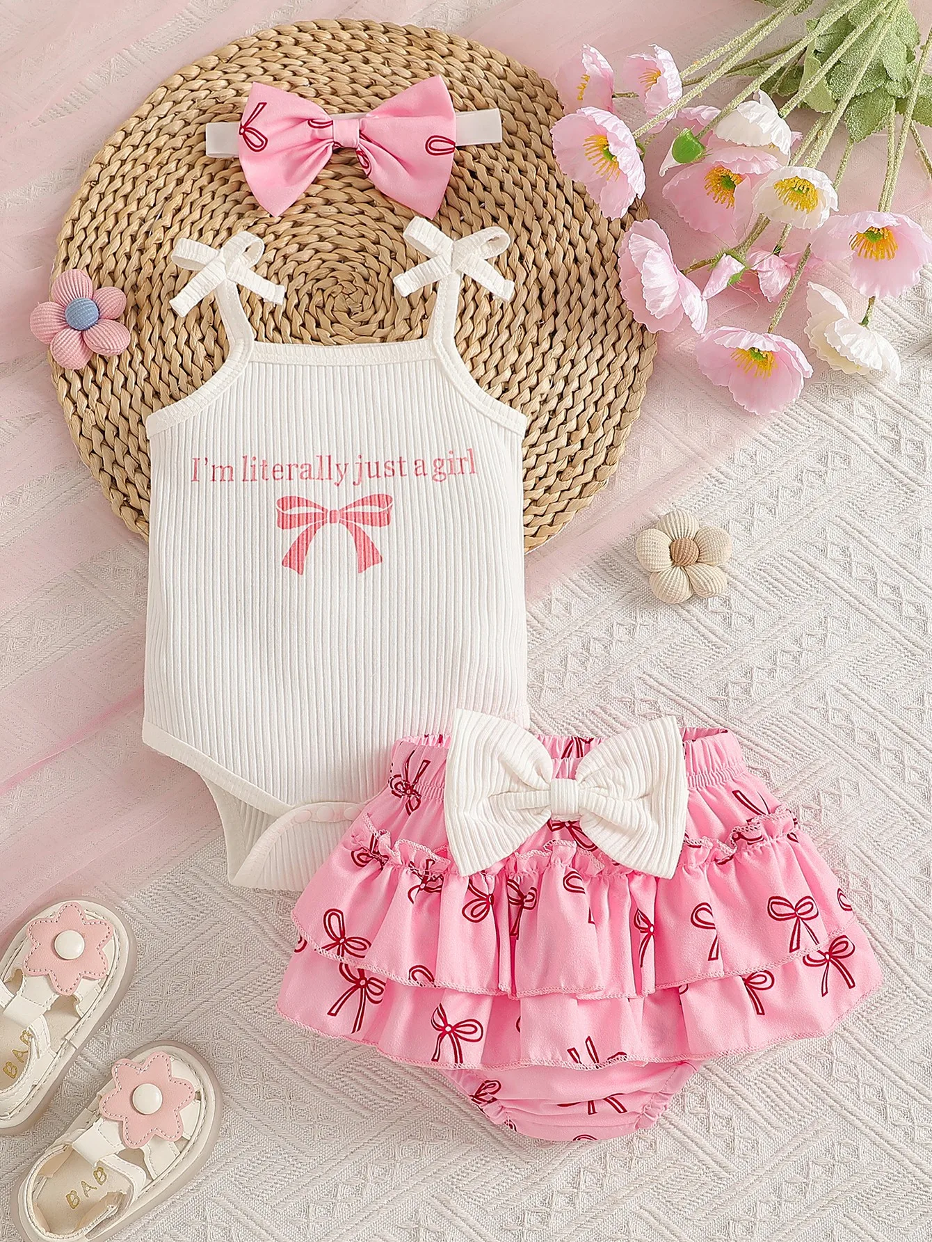 

Baby girl summer cute bow decoration camisole printed bow ribbed white romper with white bow, color-contrast pink bow all-over p