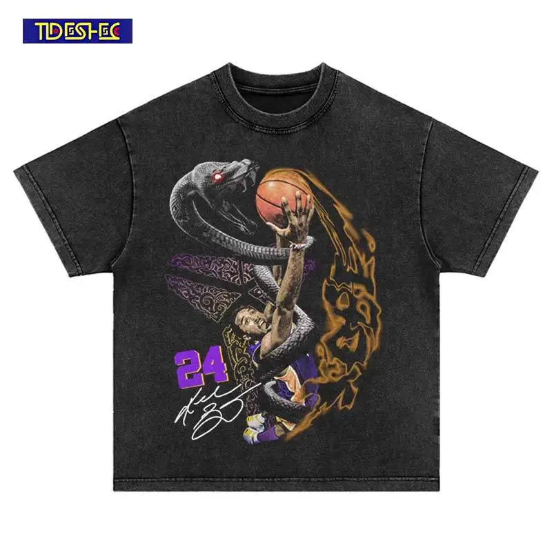 Vintage T-Shirt Hip Hop Oversized Harajuku Washed Fashion Basketball Snake Printed Tshirt Streetwear Cotton Leisure Short Sleeve