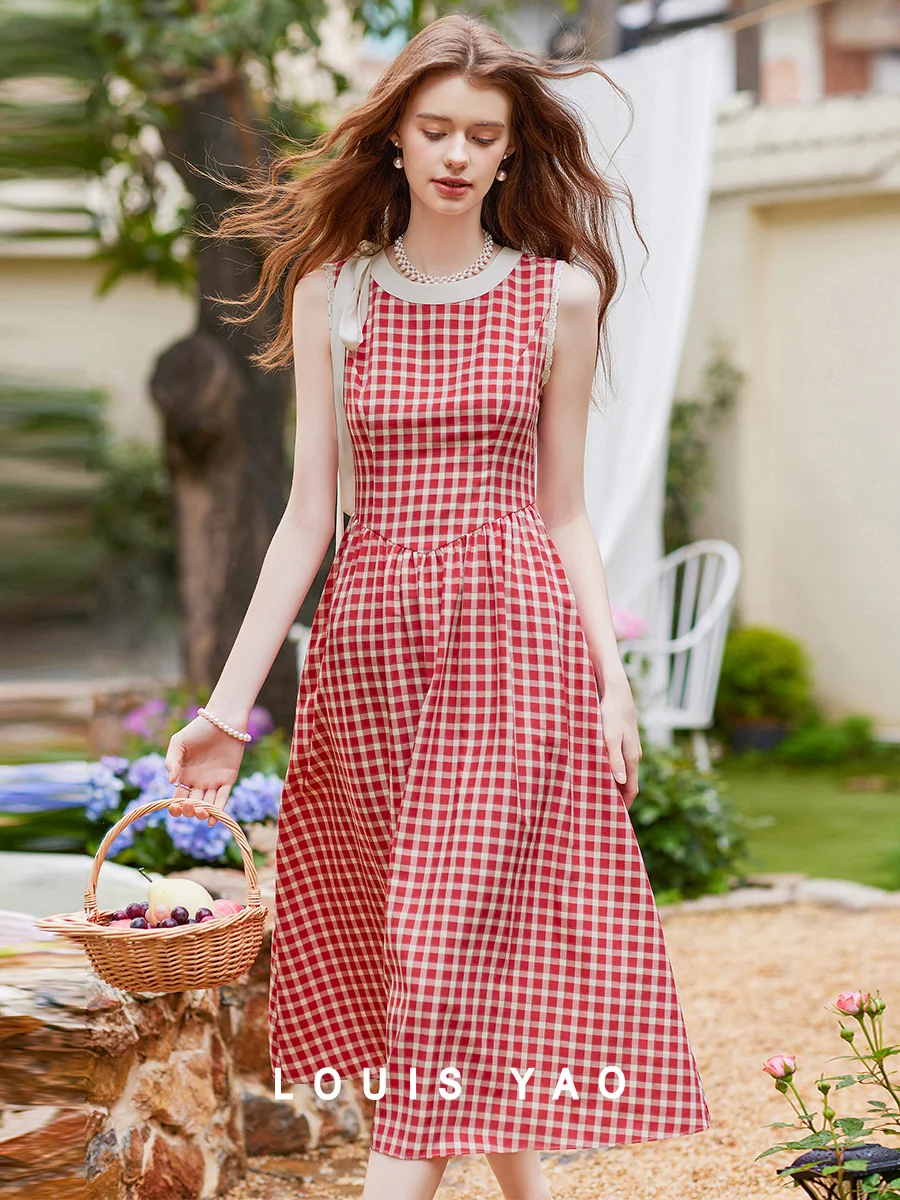 

LOUIS YAO Red Retro Plaid Long Dress 2025 Summer New Round Neck Sleeveless Lace Non Elastic Slimming Hooded Women's Dress