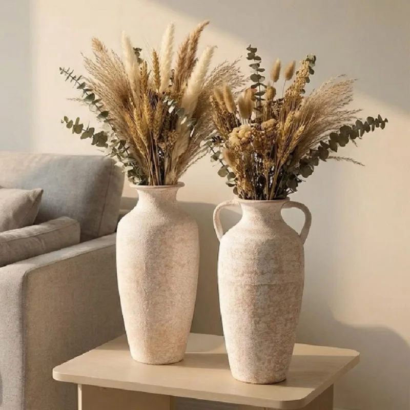 French rural imitation coarse pottery metal vase high-end sense retro pottery flower ware home living room desktop dried flower