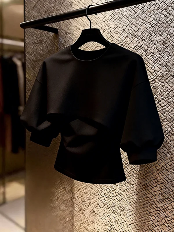 Elegant Black Short Sleeve round Neck Slim Fit Top Fashionable Women's T-shirt  Knot Detail Breathable Skin-friendly