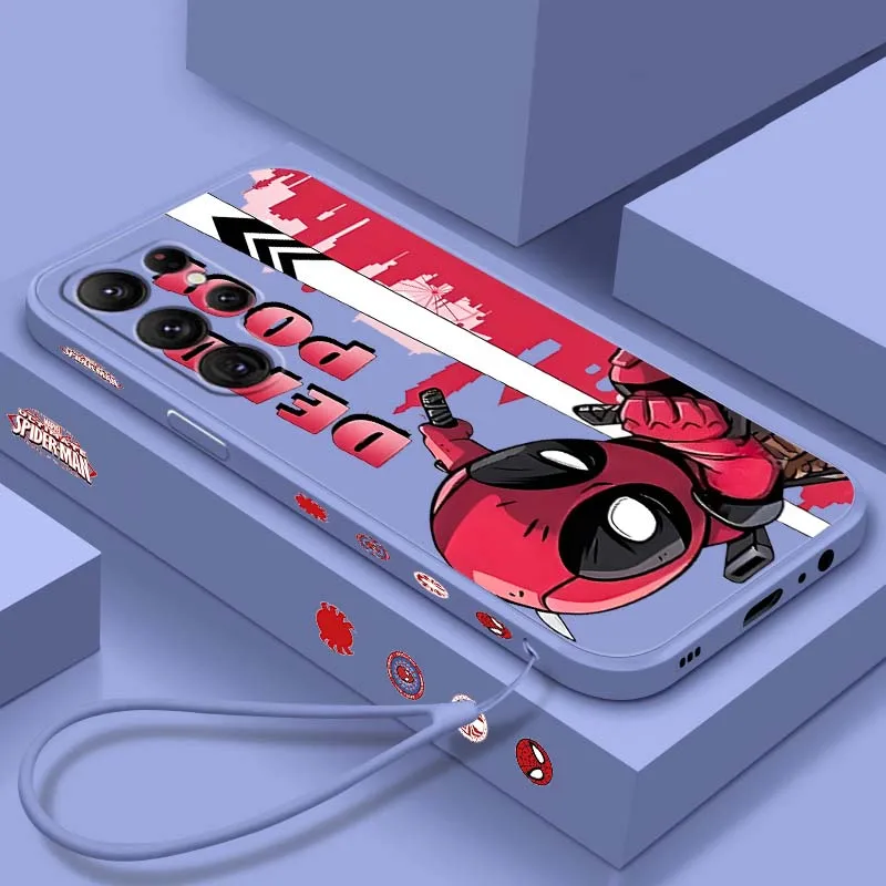 

Cute Deadpool Spider Man For Samsung Galaxy S25 S24 S23 S22 S21 S20 Ultra Plus FE 5G Liquid Left Rope Cover Phone Case