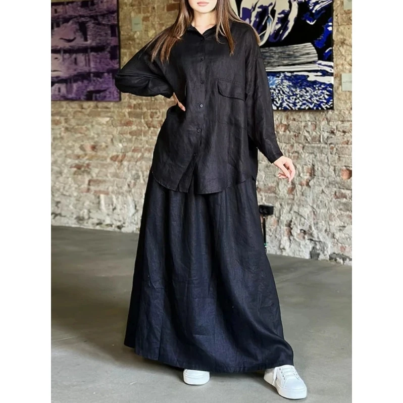 Women's Retro Large Size Long Sleeve Shirt Dress Casual Two-Piece Set Spring Autumn New Style Casual Cotton Open Cardigan