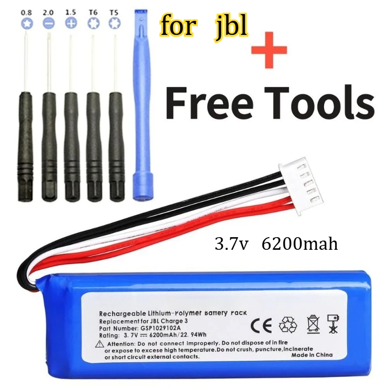 

3.7V 6200mAh Battery Bateria GSP1029102A for JBL Charge 3 Long Range Stable and Durable Rechargeable Battery