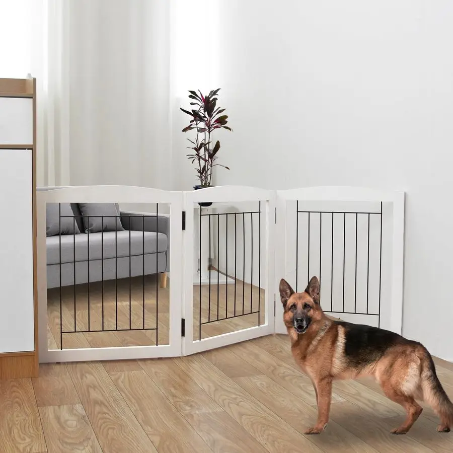 

Freestanding Foldable Dog Gate for House Extra Wide Wooden White Indoor Puppy Gate Stairs Doorways Pet Gate Tall Dog Fence 3 Pan