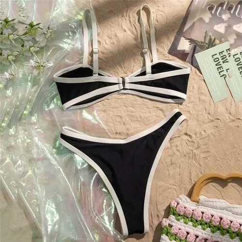 Imagen 2 del producto Microbikini Bandeau negro con Tanga para mujer, traje de baño Sexy con borde blanco, traje de baño para vacaciones, traje de baño con corte de pierna alta, conjuntos de Bikinis