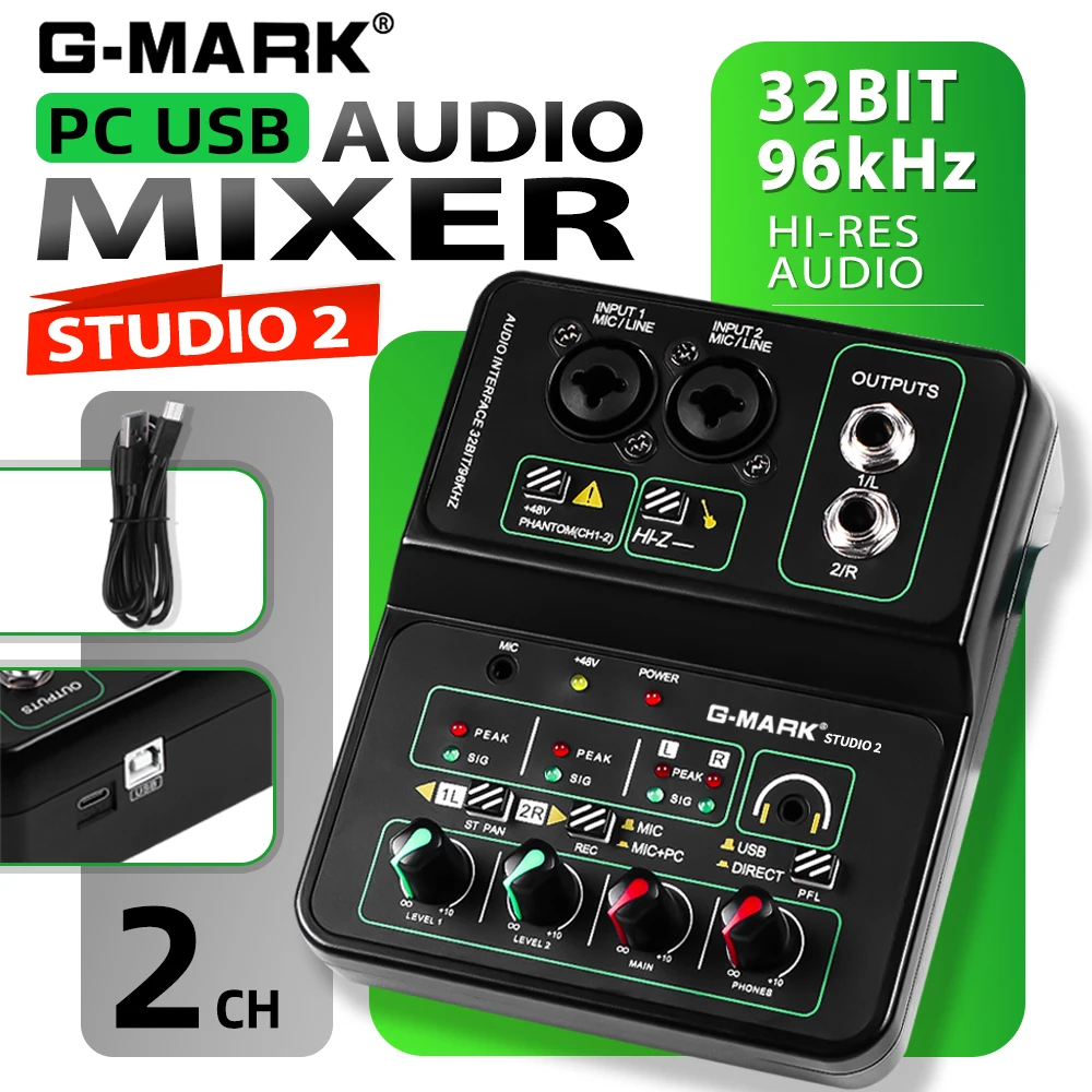 USB Mixer G-MARK Audio Mixing Console 2 Channel With 48V 32-Bit/96kHz Sound Interface For Live Recoding Party DJ Streaming