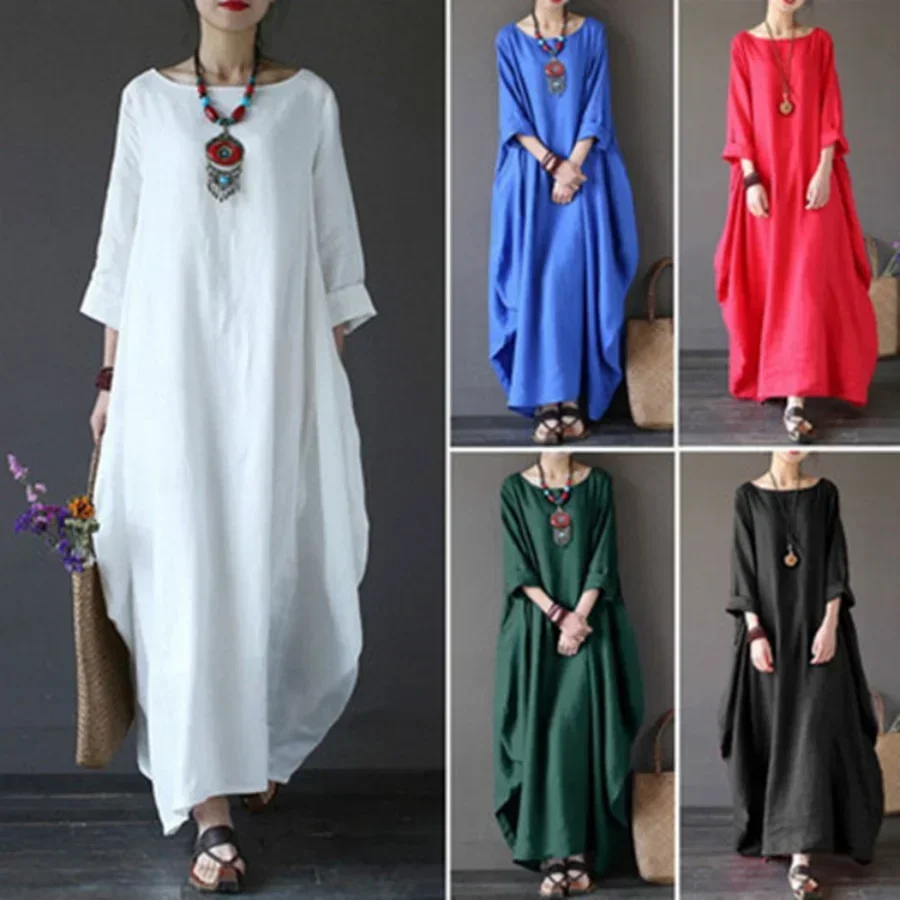 2024 Women\'s Casual Cotton Linen Dress Oversized Solid Loose Ankle Length Elegant Long Dress Female Half Sleeve Vestidos S-5XL