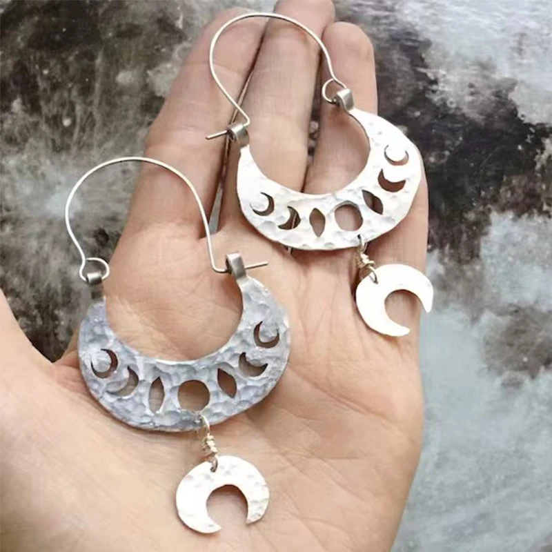 moon phase earrings, lunar phase hoop earrings, tribal moon phase earrings