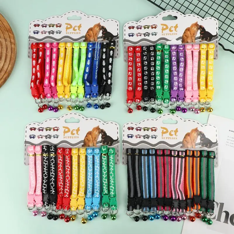 (BF06)12Pcs 6 Colors Pet Cat Puppy Buckle Collar With Bell Footprint Mix Color Anti-Lost Dog Collars Pet Accessories