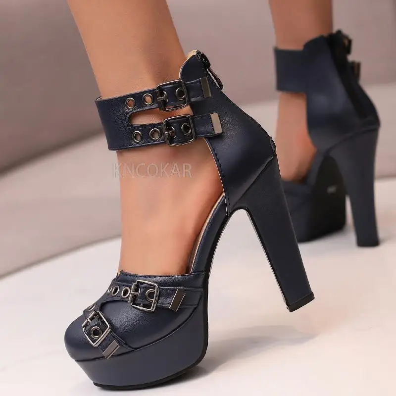 Roman Sandals Women's Round Head Baotou Belt Buckle British Style Sexy Thick Heel Ultra High Heel Thick Sole Large Women's Shoes