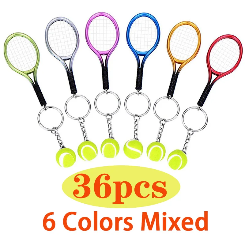 

36Pcs Mini Exquisite Lightweight Tennis Racket Racquet Ball Keychains Key Rings Sport Style Split Keychains