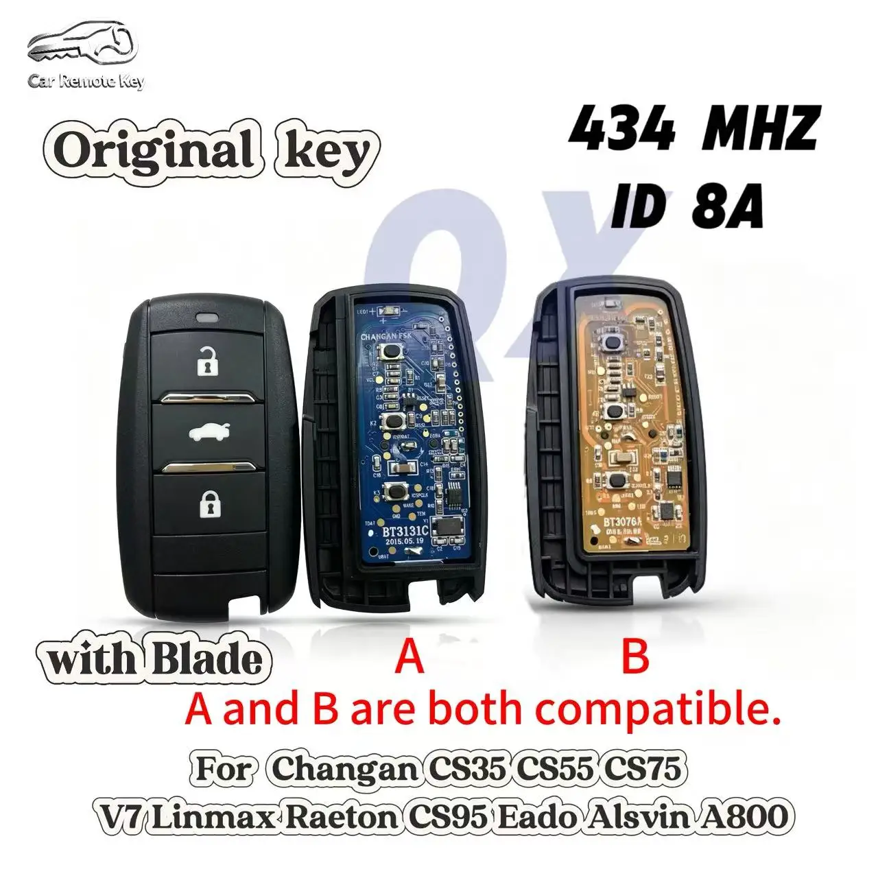 OEM 434Mhz For Changan CS35 CS55 CS75 V7 Linmax Raeton CS95 Eado Alsvin A800 Car Keyless Smart Remote Key With Blade, ID8A/4A/70