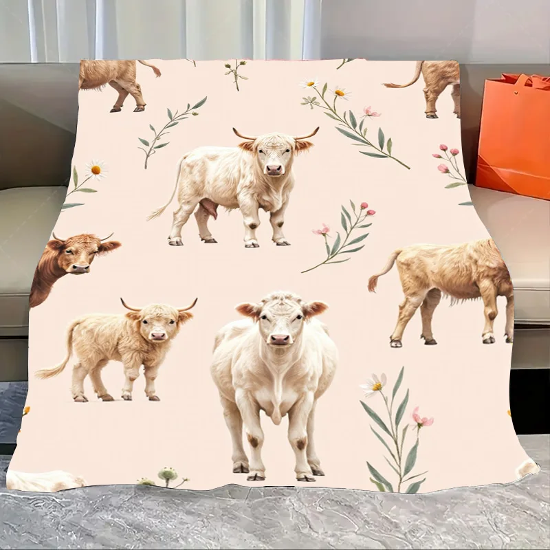 

1pc Flannel Blanket Chic Cow Print Blanket with Floral Accents for Cozy Home Decor