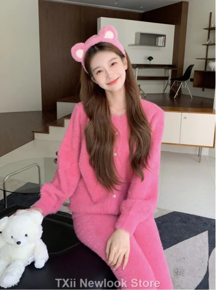 [TXii ]Cute Panda Soft Home Clothes Set for Women, New Winter Style with Loose Half-Velvet Zipper Hoodie