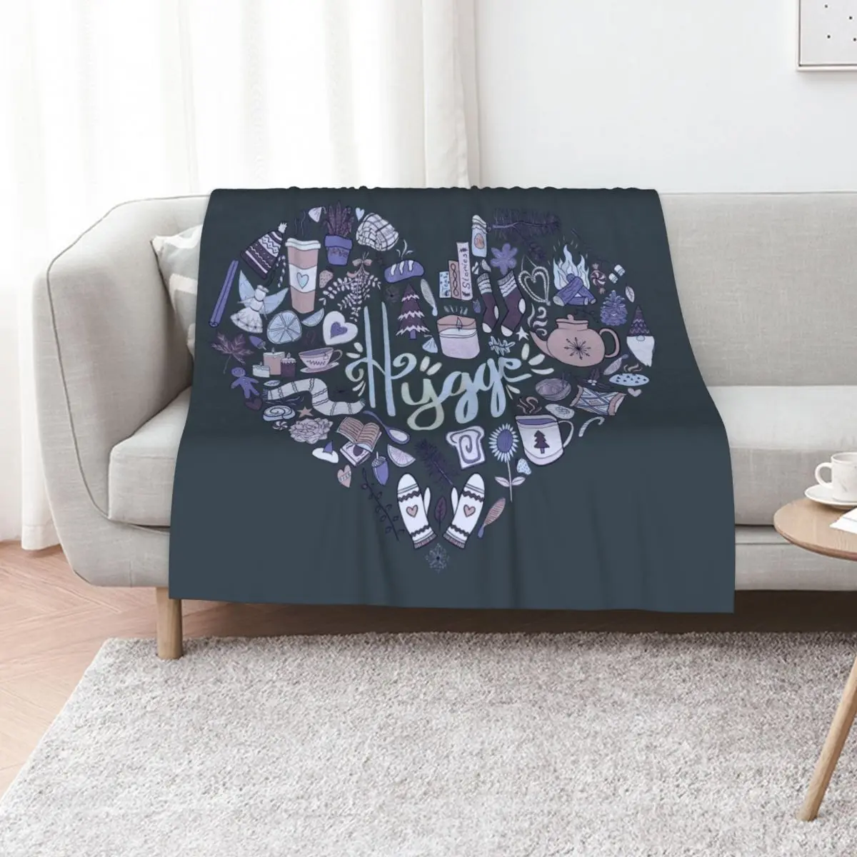 Hygge Doodle Heart - Winter Night & Charcoal Throw Blanket Luxury St Furrys For Decorative Sofa decorative Soft Blankets