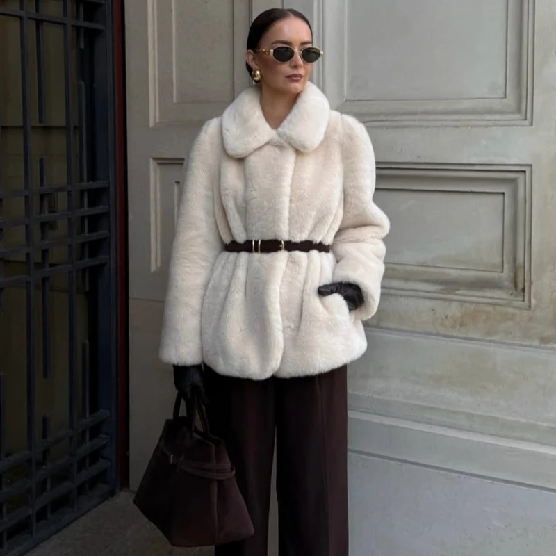 

TARUXY Fashion With Belt Faux Fur Coat Women Solid Lapel Long-Sleeved Casual Warm Jacket Autumn Winter Female Daily Commute Coat