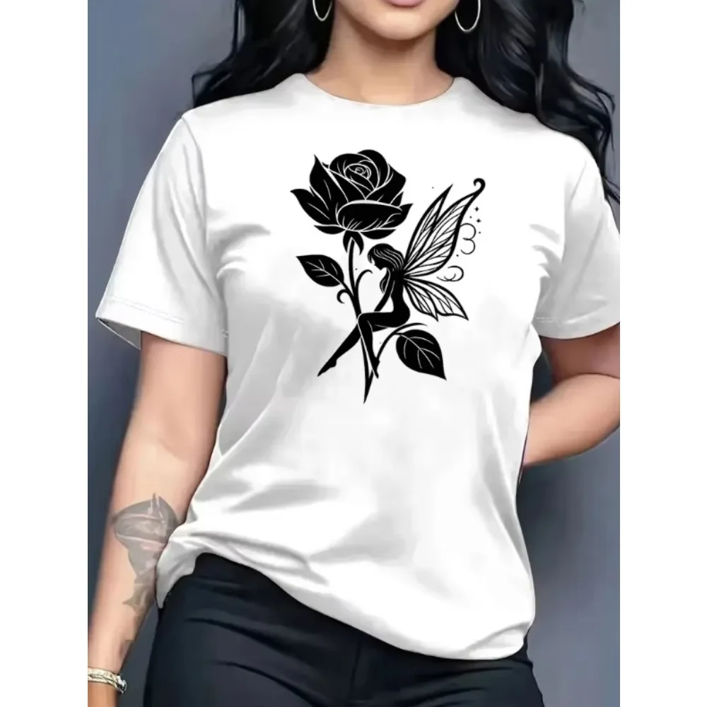 Pure Cotton Breathable Children's T-shirt 2026 Summer Retro Rose Elf Print Casual Parent-child Outfit for Boys and Girls