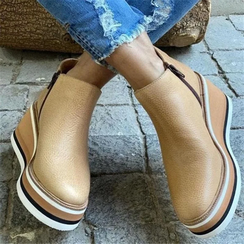 2025 Neue Damenstiefel Designer Keilabsatz Plateau-Stiefel Modische Reißverschluss-Knöchelstiefel für Damen PU-Leder Freizeitstiefel Botas De Mujer – Detail 10