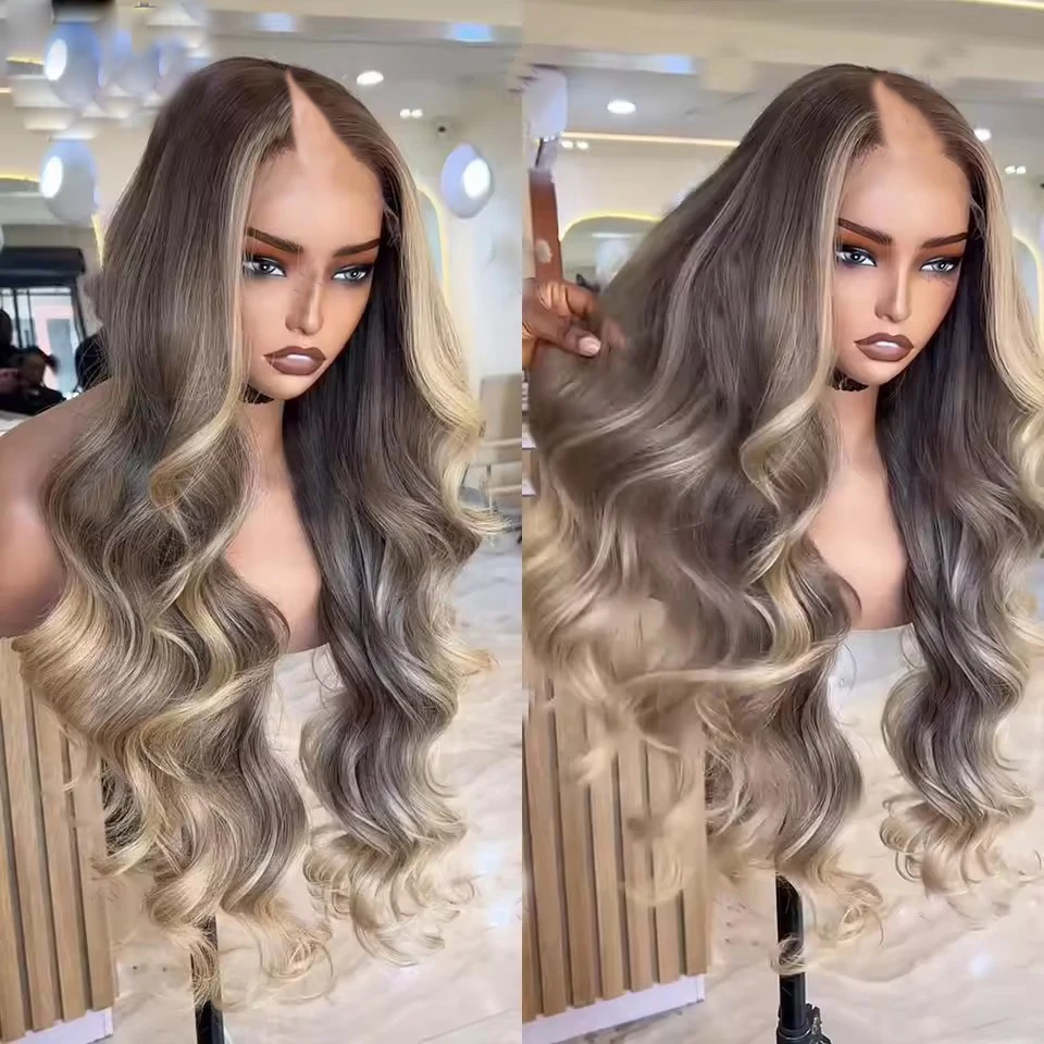 

Парик V-образной формы без клея, цвет светло-русый омбре, 100% натуральные бразильские волосы для женщин, легко носить, с темно-коричневыми золотистыми корнями, парик U-образной формы