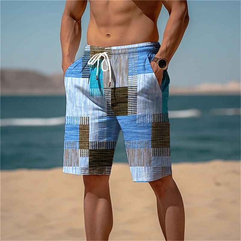 2024 New Men\'s Hawaiian Beach Shorts 3D Colorful Plaid Patchwork Print Outdoor Short Pants Summer Vacation Cool Swimming Shorts