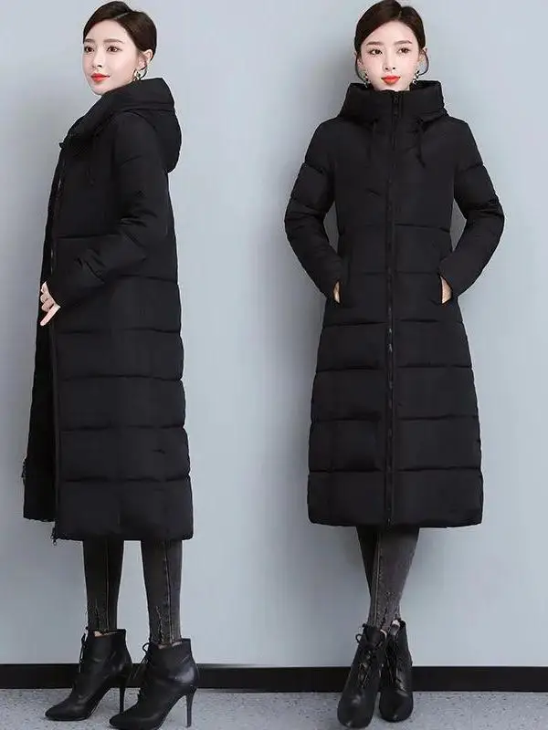 

Зимнее удлиненное пуховое пальто для женщин, средней длины, на меховой подкладке, приталенное, в корейском стиле, красное, хлопковое, до колен