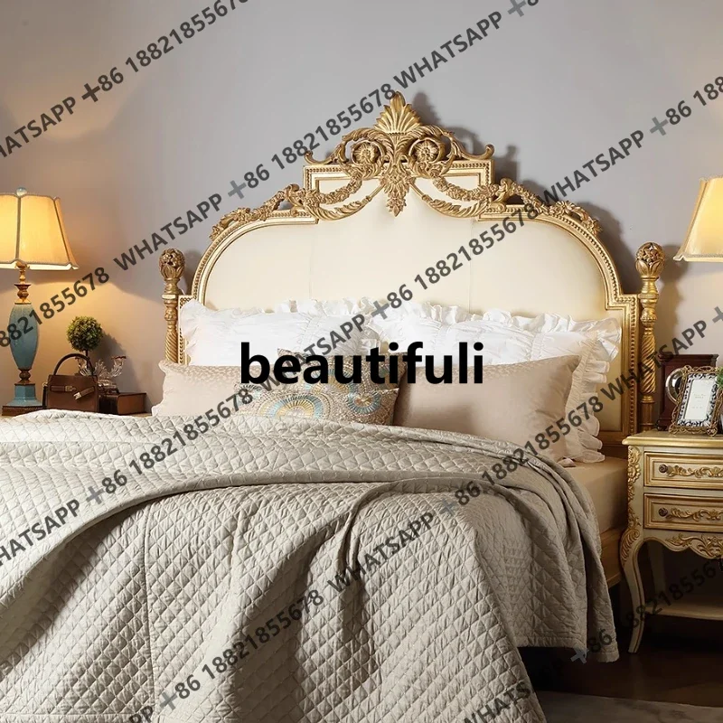 

French light luxury court solid wood carving flower leather bed European master bedroom princess bed SE2
