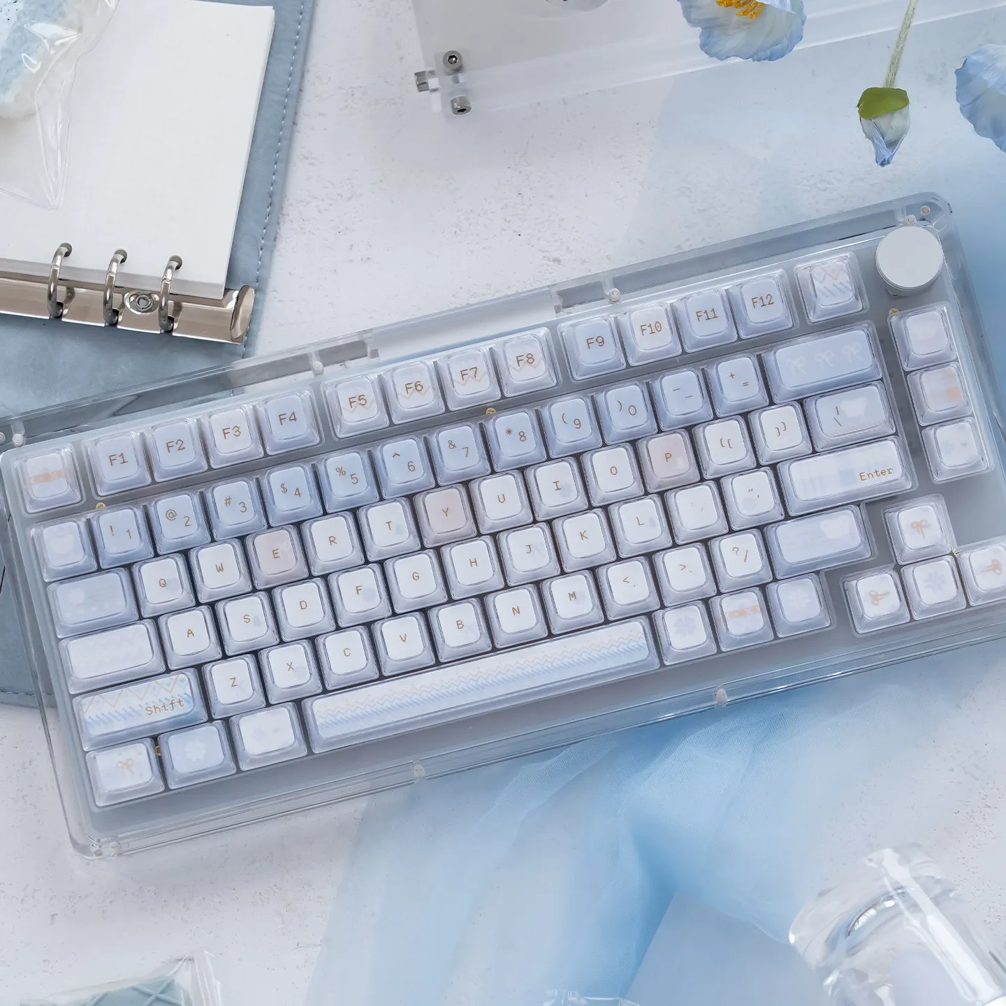 URE Winter Letter Crystal Keycaps Dye-Sub KDA Profile PBT+PC Keycaps Blue Jelly Keycaps For MX Cherry Mechanical Keyboard