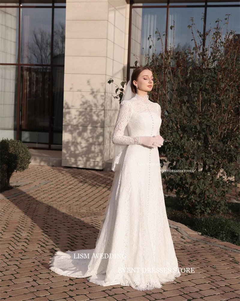 LISM Vintage Full Lace A-Line Wedding Dresses Long Sleeves High Neck Long Bridal Gowns vestidos de novia Formal Dress For Women