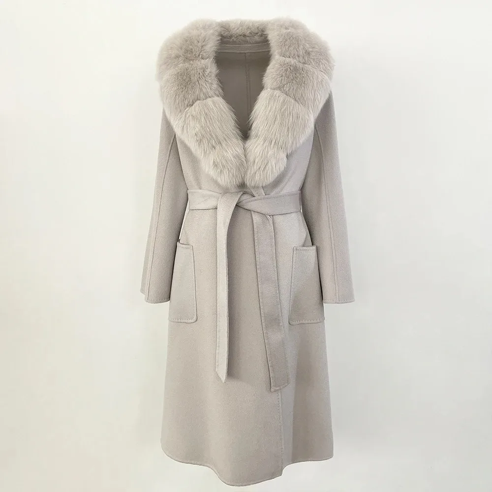 Natural Real Fox Fur Collar Jacket Winter Wool Woolen Long Fur Ladies Women Warm Outerwear 2025 Casual Clothes for Lady