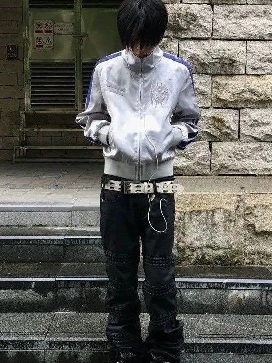 American Street Style Basketball Jacket Men's Short Version Polyester Fiber Windproof Casual Fashion Design Blue Weave Texture
