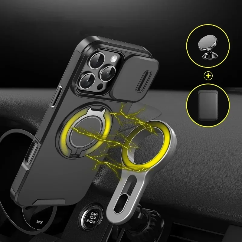 Funda Lujosa Resistente Blindada con Soporte Magnético para iPhone 16 15 14 13 12 11 Pro Max Plus Protección de Cámara Deslizante PC 5