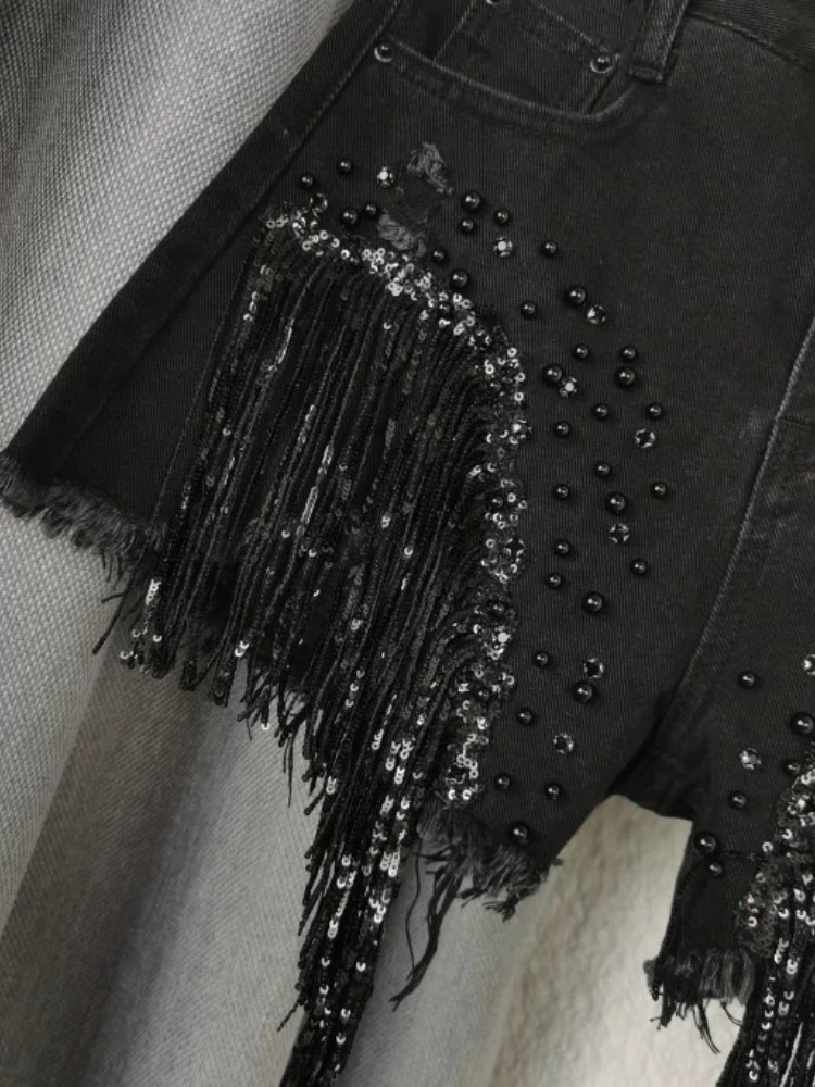 Shorts Summer 2026 High Waist Slimming Lightweight Breathable Heavy Beads Sequins Fringe Denim For Women Sexy Sparkly Hot Pants