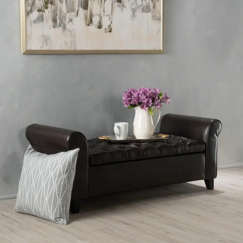 

Storage Bench with PU Upholstered, Contemporary Rolled Arm Storage Ottoman Bench, 19.75" D x 50" W x 20.5" H, Ottomans