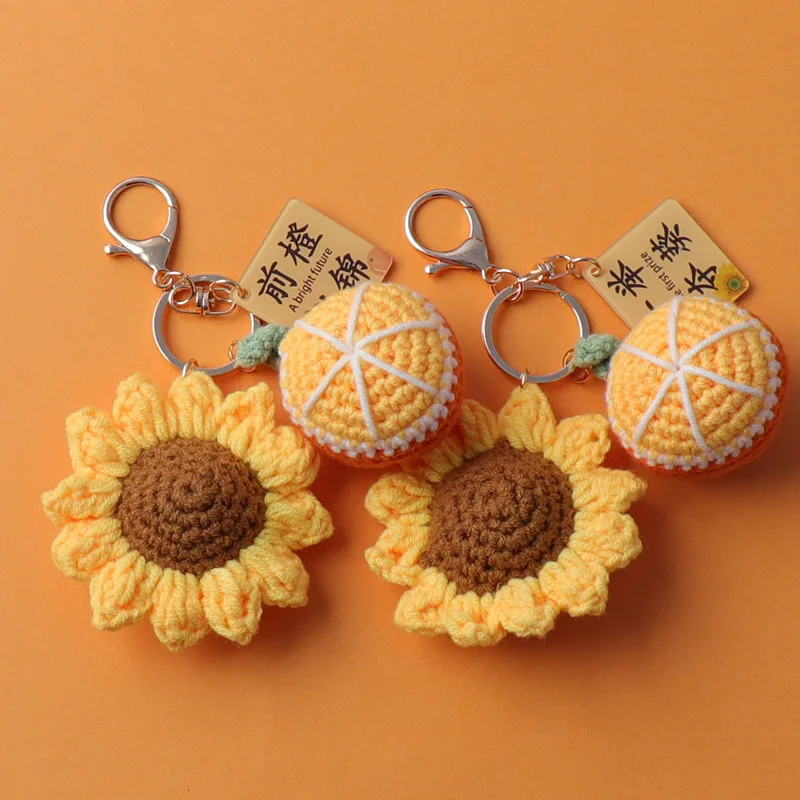 Kawaii Orange Sunflower Pendant Key Chain Implying A Promising Future Handmade Crochet Bag Decoration Plush Toys Adult Gifts