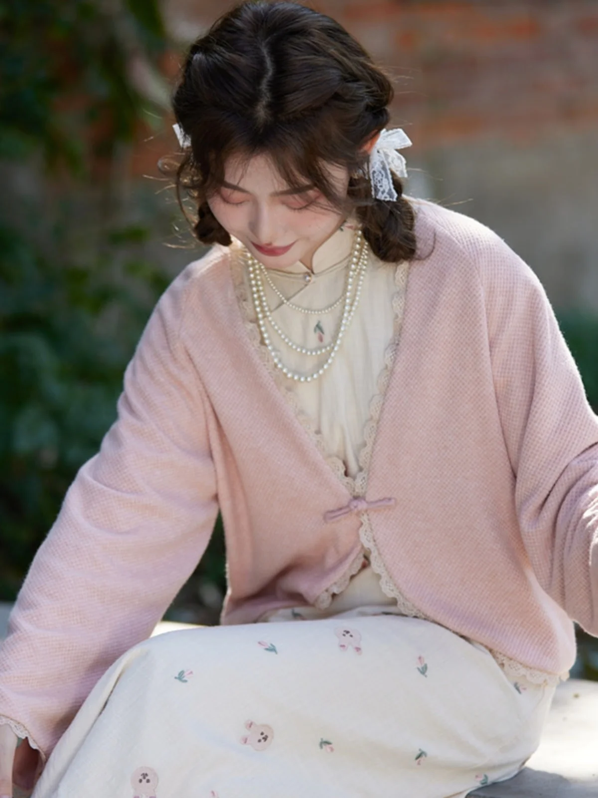 

Eden розово-белый вязаный халат с флагом Jaet, мягкий свободный китайский женский свитер, длинный свеч, V-Ne, на пуговицах