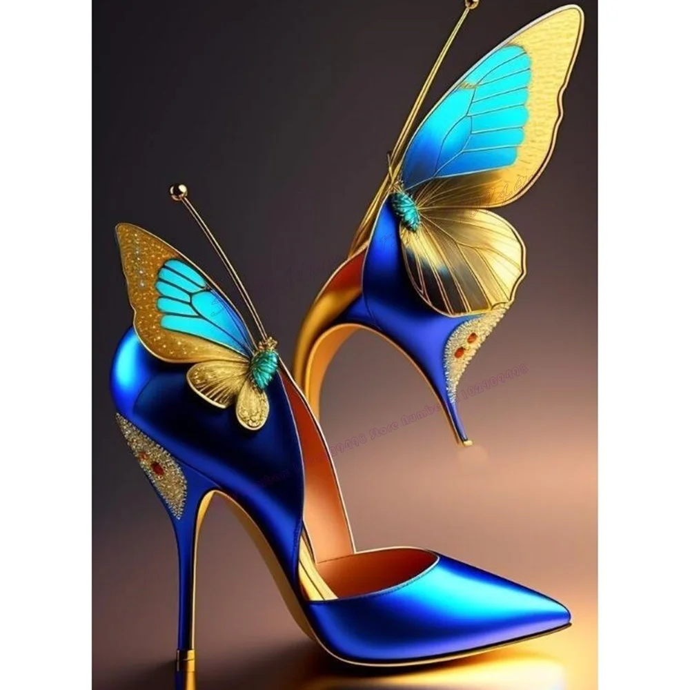 Blue Satin Butterfly Decor Shallow Pumps Crytsal Pointed Toe Shoes for Women Thin High Heels Sexy Shoes 2023 Zapatos Para Mujere