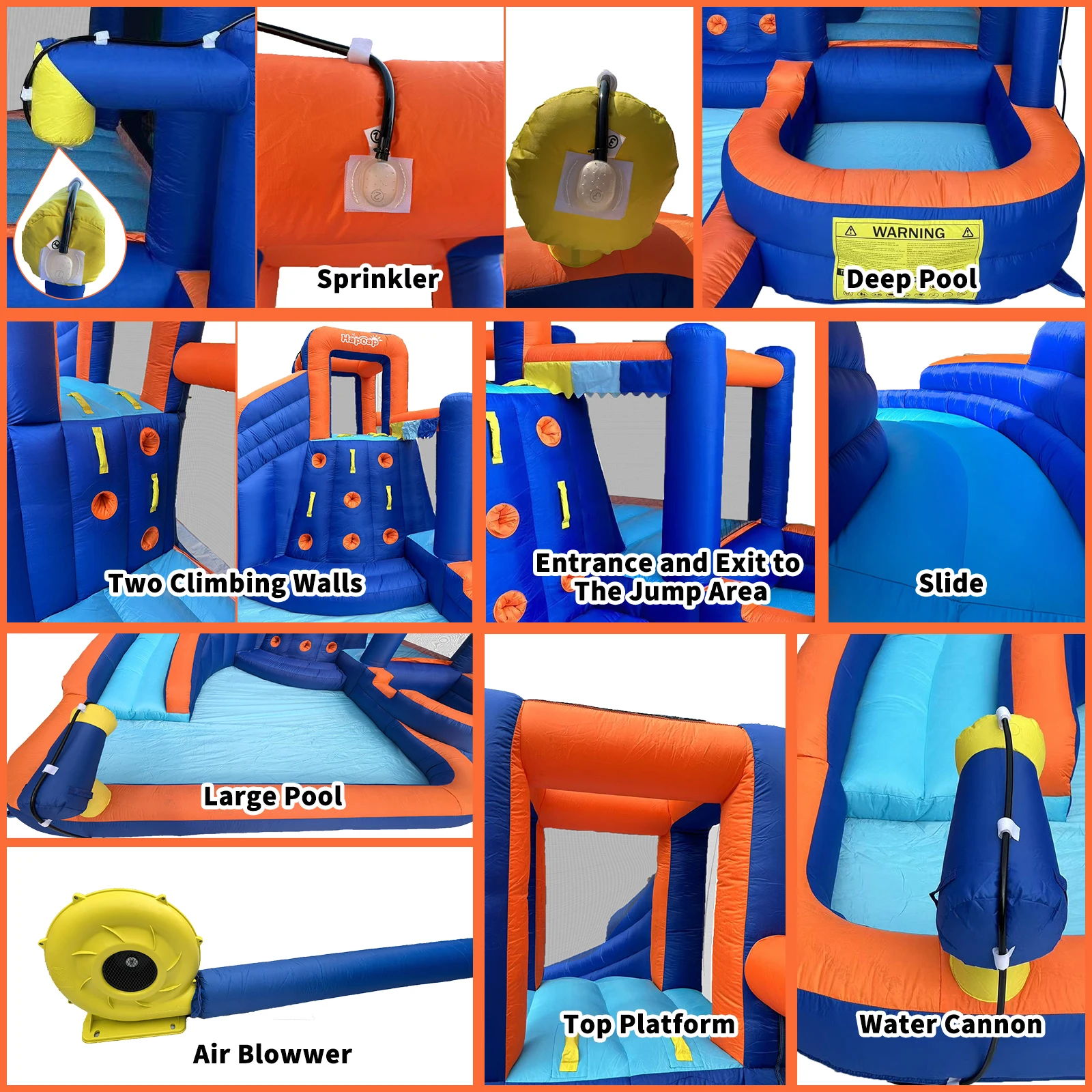 Hapcap Combo opblaasbaar springkasteel voor kinderen met grote gebogen glijbaan, 2 klimmuren, met luchtblazer