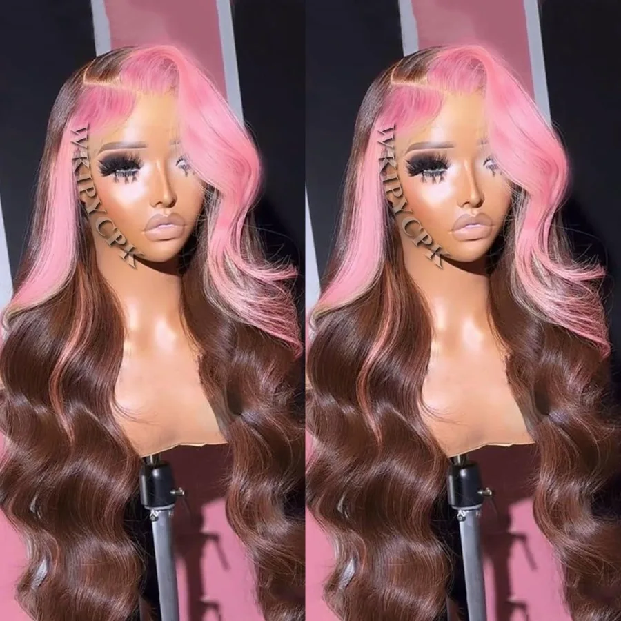 24-Zoll-Perücke mit rosa Skunk-Streifen, synthetische Lace-Front-Perücke mit braunem Haar und rosa Highlights-Streifen für schwarze Frauen, vorgezupft, L