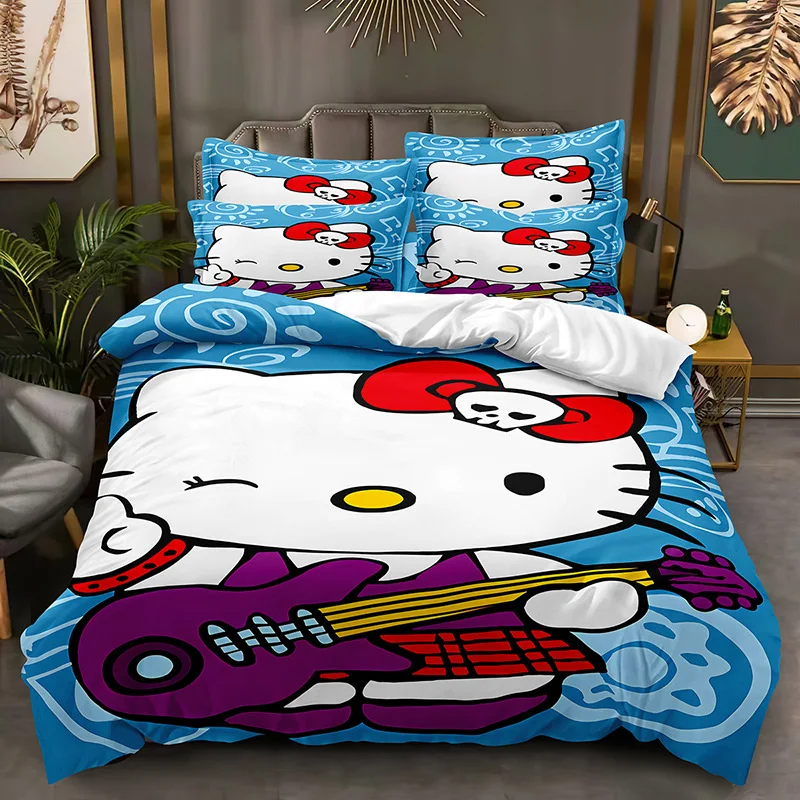 Cute Cartoon Hello Kitty Printed Home Wygodny zestaw pościeli Miękka trzyczęściowa poszewka na kołdrę Dziewczyna Dorosły Pełny rozmiar