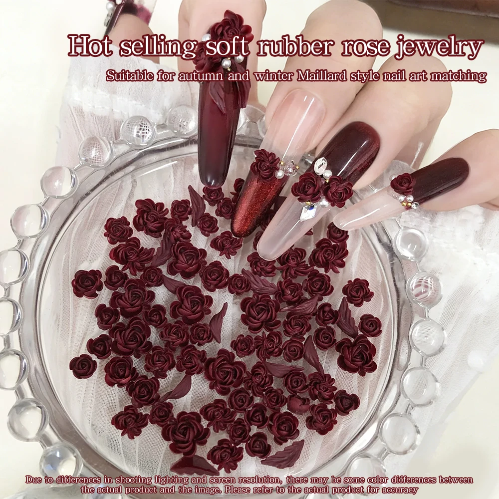 KANIU 4 Colors 100PCS Mixed‑pack Retro Resin Dark Red Rose Flowers  Leaf Camellia Soft Rubber Rose Fingertip Nail Art Decoration