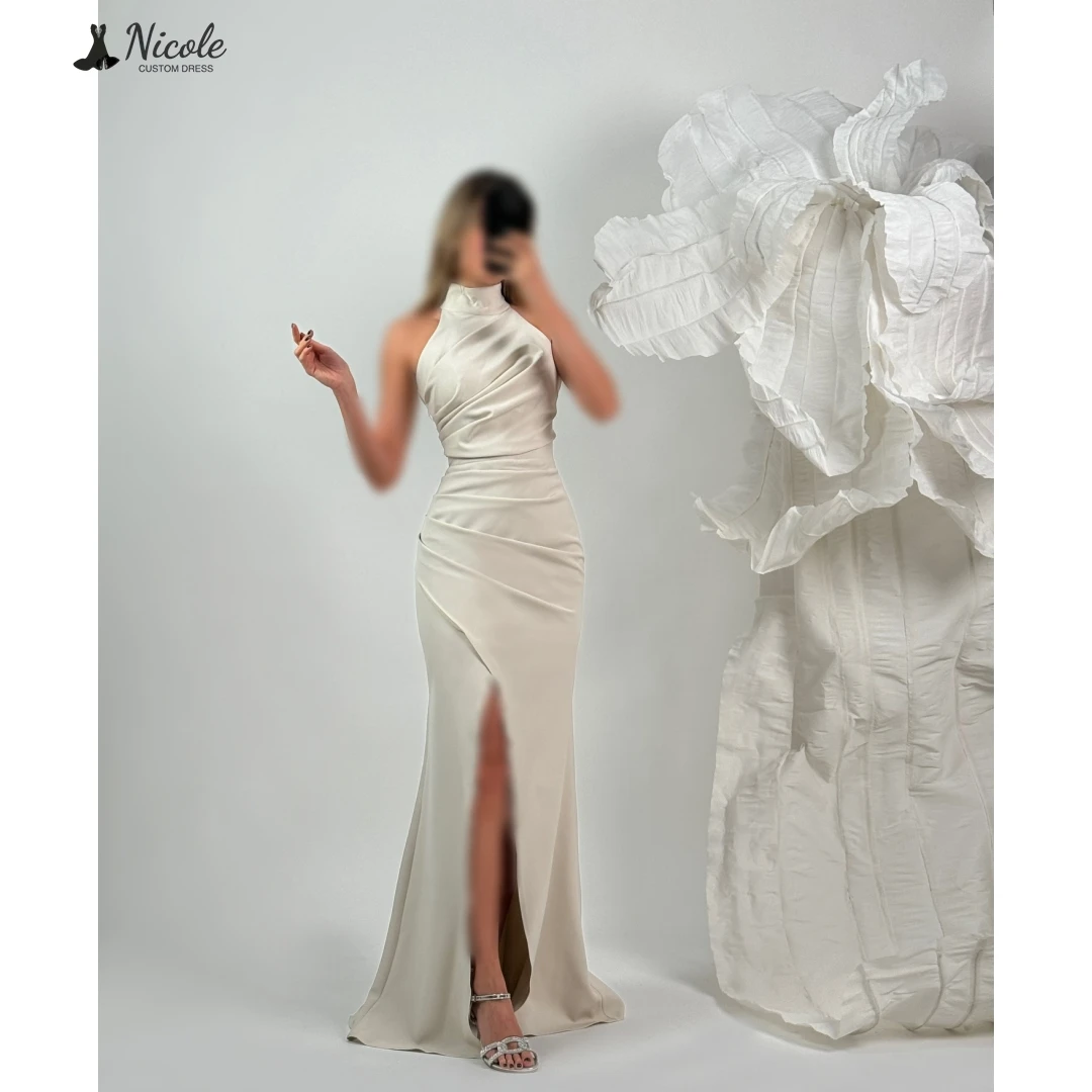 

Nicole Evening Dresses Woman Elegant Dresses for Special Event Round Collar Custom Made Line A Slit Robe Soiree Gala Dress Prom