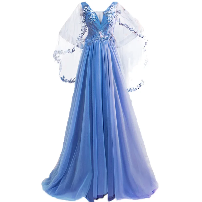 

Blue Prom Evening Dress Floor-Length Banquet Stage Performance Beading Flowers Sequined Embroidery Wedding Formal Classic Ladies