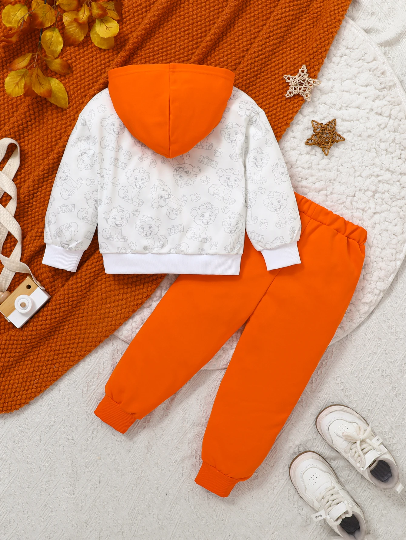 Toddler Boy 2Pcs Outfit Set Autumn Cartoon Lion Print Hooded Sweatshirt + Pants Kids Children Casual Clothing For 4‑7 Years Old