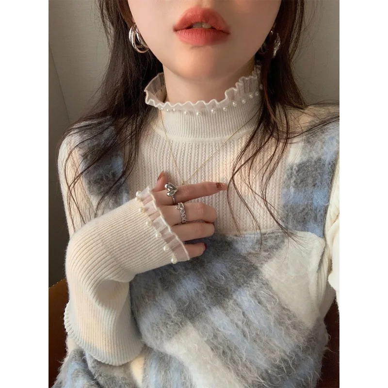   Sle frauen Basis irt Lange Sve Hohe Kragen Spitze Gestrickte Perle Pullover Herbst Winter Neue Ankunft Inneren Tragen Top