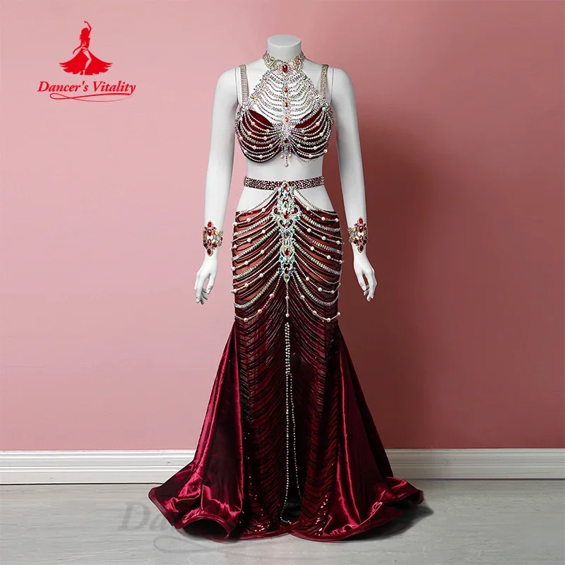 Belly Dancing Set Customized Senior AB Stones Bra+ Senior Satin Long Skirt 2pcs Belly Dance Professional Performance Costume