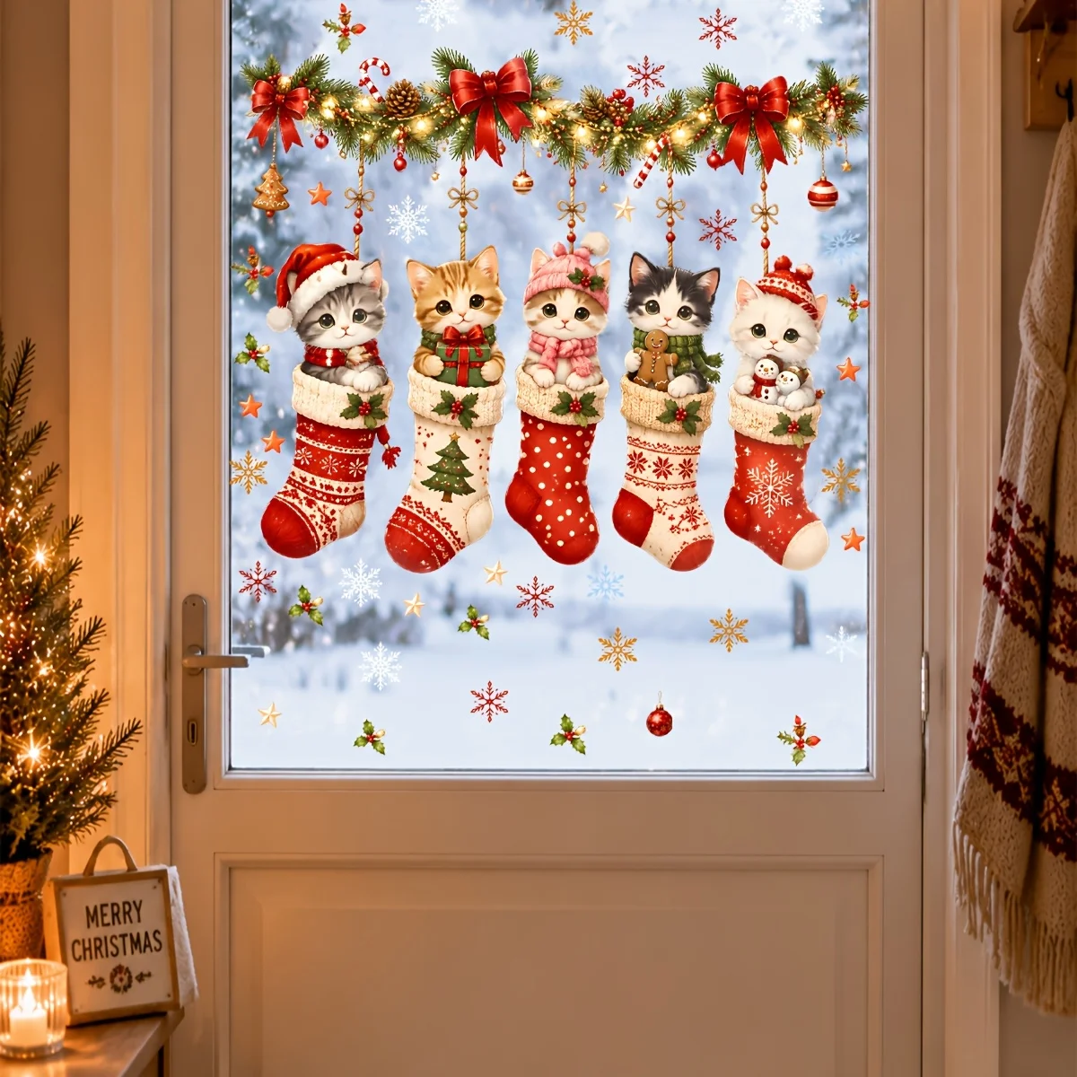 Christmas Stocking Kitten Window Wall Stickers Snowflake Bow Pine Branch Candy Cane Star Vinyl Decals for Glass Window Home